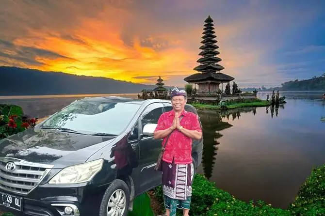 Pria dan mobil di danau
